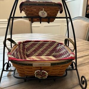 Longaberger Red and Green Woven Basket Set with Wrought iron holder